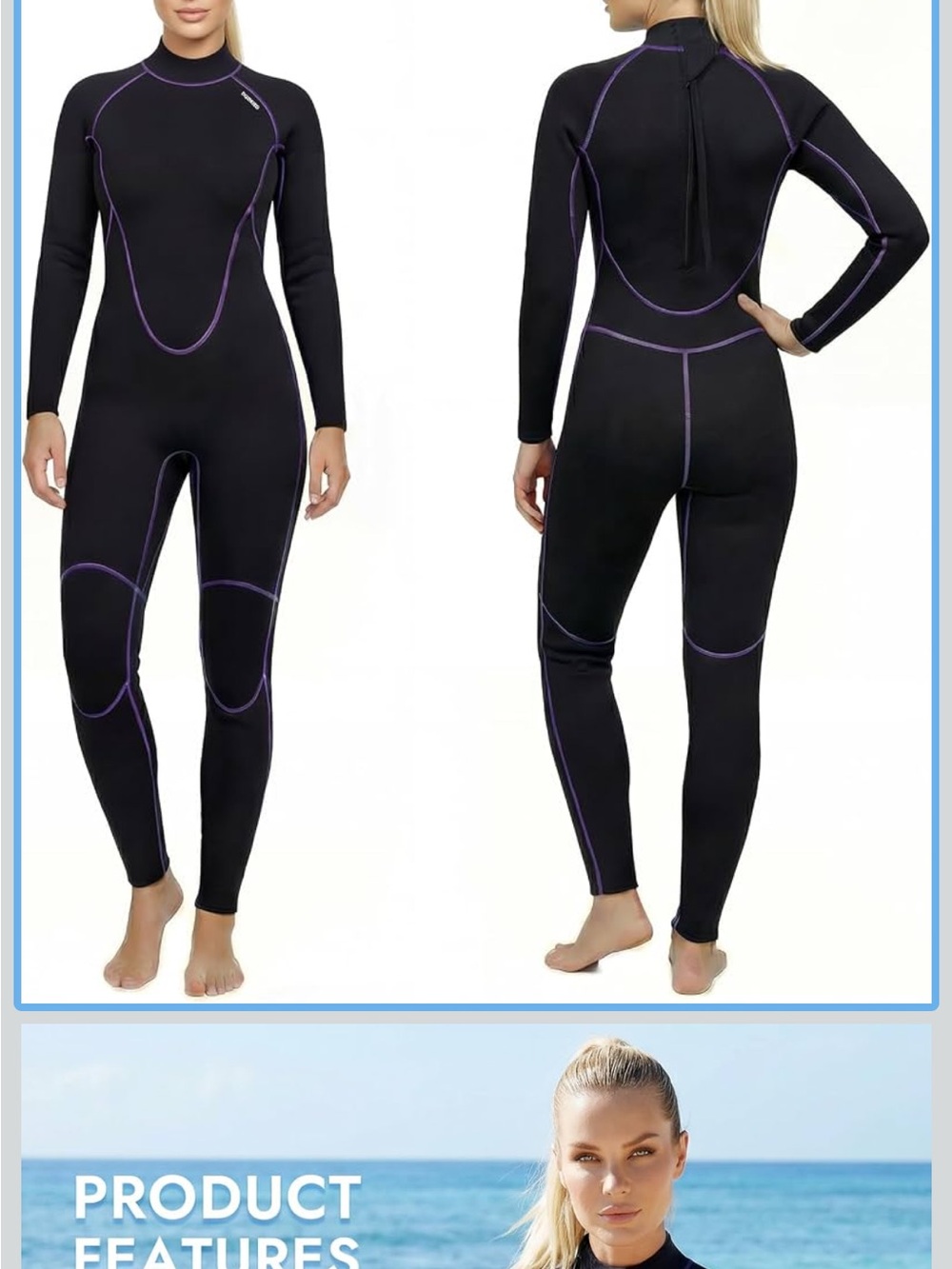 Women's Black Full-Length Wetsuit with Purple Stitching